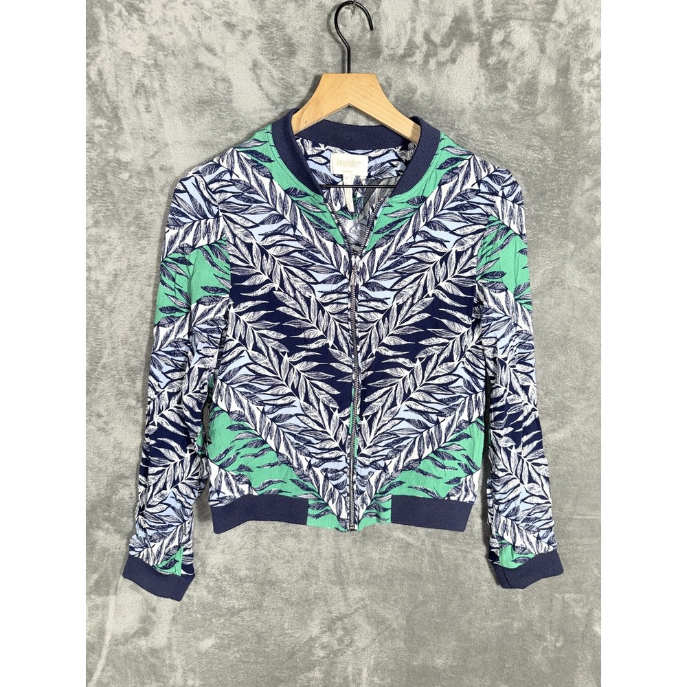 Laundry Shelli Segal Womens Bomber Jacket Size 6 Navy Green White Tropical Leaf